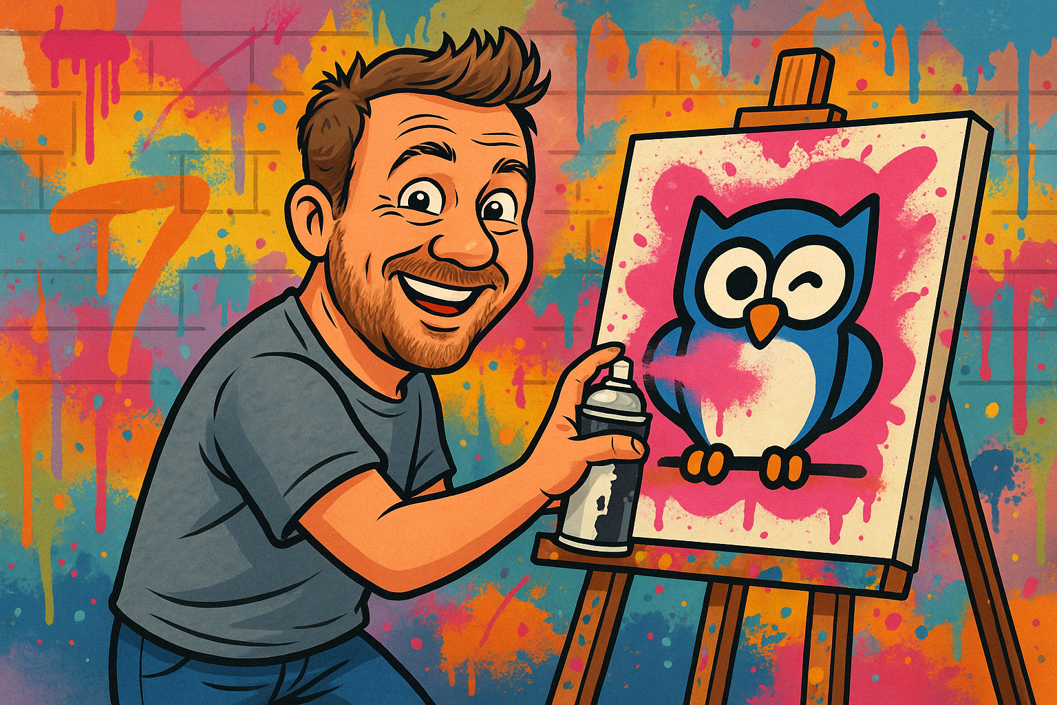 Martijn maakt een schilderij met spuitbus